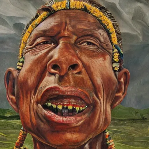 Image similar to high quality high detail painting by lucian freud, hd, full body of a indigenous tribe leader, photorealistic lighting