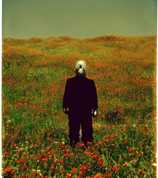 Image similar to mystical death god standing in tall meadow of flowers, distant, vintage film photo, grainy, high detail, high resolution