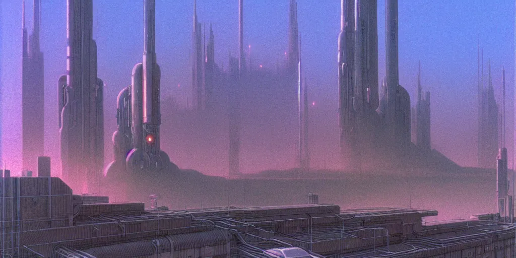 Image similar to grainy risograph matte painting of gigantic huge mech covered with rocket launchers, 5 th element, gattaca, pastel matte colors, staying in the foggy huge parking station, by moebius, hyperrealism, intricate detailed