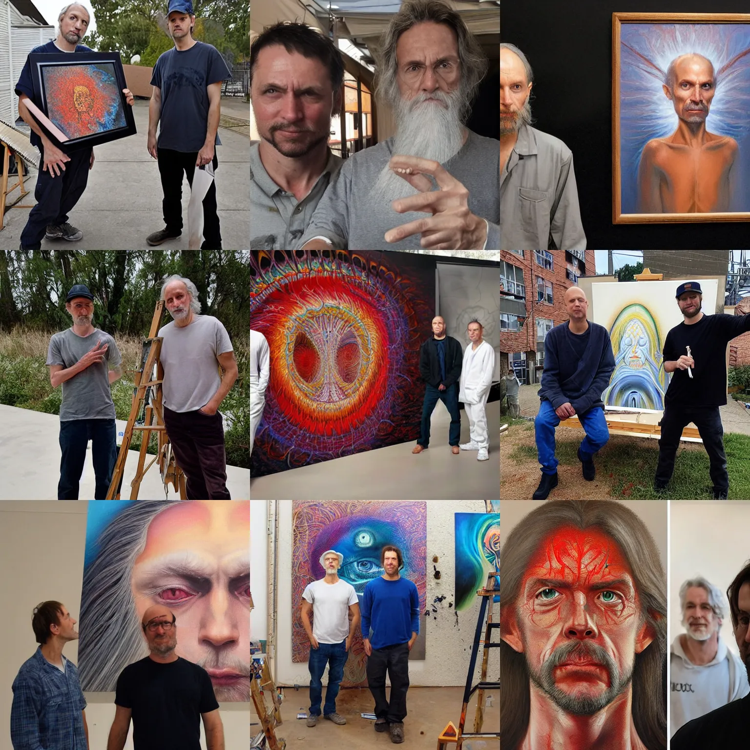 Image similar to painters Alex Grey together with painter Greg Rutkowski looking in the camera at the people who stole their job