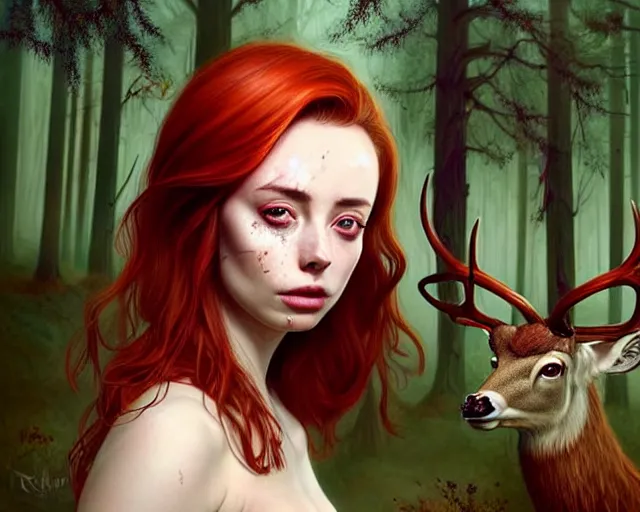 Image similar to surrounded by trees, realistic character concept, gorgeous Kacey Rohl, red hair, small freckles, symmetrical face, symmetrical eyes, full body, covered in blood, dark forest, trees, shorter neck, cinematic lighting, Joshua Middleton and artgerm, Wendigo creature with antlers and a deer skull face lurking in the background, fear anxiety terror