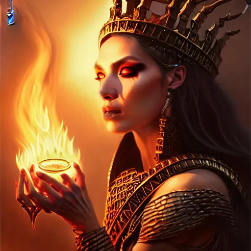 Image similar to Closeup of realistic Sumerian Death Queen with small bones covering vest and flowing fire and smoke , fantasy, intricate, elegant, highly detailed, digital painting, artstation, concept art, matte, sharp focus, illustration, hearthstone, art by Artgerm and Greg Rutkowski and peter mordenbacher