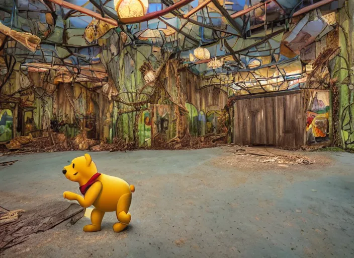 Image similar to the inside of the building for a Winnie the Pooh Disney theme park ride, indoor ride, shut down, abandoned, Florida, out of business building, got shut down, kids place, interior, liminal spaces, backrooms, empty