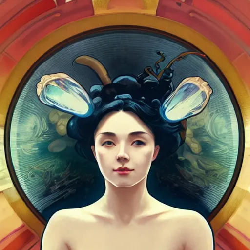 Prompt: a mushroom cloud merging into the shape of a peace sign, art by artgerm and greg rutkowski and alphonse mucha highly detailed, dieselpunk, high quality, 8 k, soft lighting, realistic face, path traced