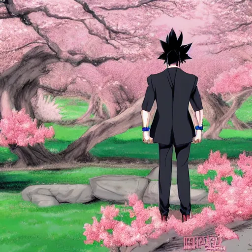 Image similar to highly detailed photo of goku wearing tuxedo standing in front of sakura trees, anime concept art, highly detailed, 8 k