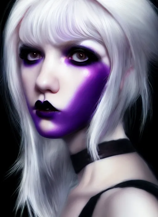 Image similar to portrait of white teenage girl, normal face, white bangs, mall goth, cyberlox, black and white hair, bangs, fluffy bangs, red contact lenses, purple lipstick, intricate, elegant, highly detailed, digital painting, artstation, concept art, sharp focus, smooth, illustration, art by wlop, mars ravelo and greg rutkowski