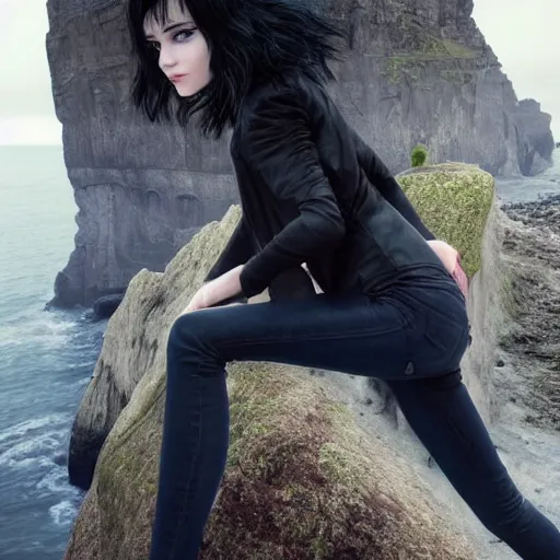 Image similar to 1 7 - year - old pale - skinned persian girl with black long bob cut, black gothic jacket, blue jeans, psychic girl, psychokinetic girl, standing on cliff along the irish coast, overcast gray skies, ultra - realistic, sharp details, subsurface scattering, intricate details, cold lighting, highly detailed, photorealistic, octane render, art by artgerm