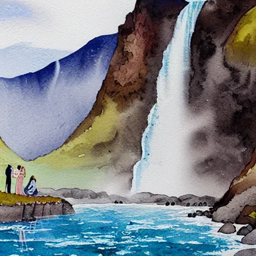 Prompt: a highly detailed watercolor painting of a couple getting engaged by icelandic waterfall Skógafoss