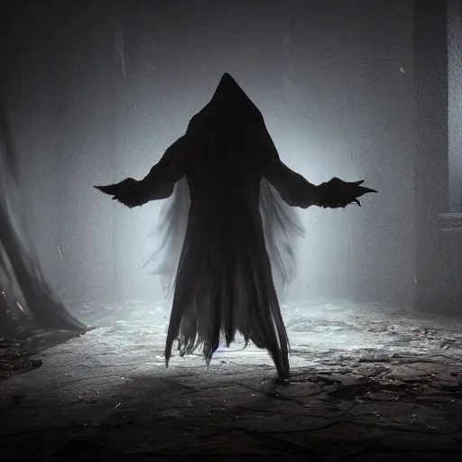 Image similar to A photo of glowing horror ghost demon poltergeist dementor, 8k, ultra detail, volumetric lighting, unreal engine, octane render, ultra realistic, max quality, epic 35 mm lens shot, photorealism