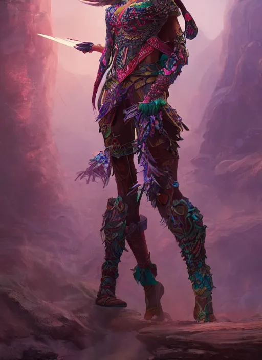 Prompt: detailed full body concept colorful fantasy painting of a female warrior in intricate clothing, cinematic lighting, hyperdetailed, 8k, high resolution, insanely detailed and intricate, octane render