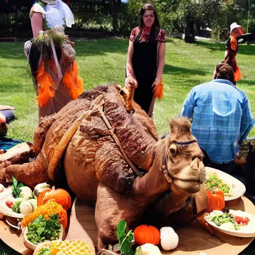 Image similar to wide shot of a whole roast camel served on a giant plate in front of a group of people in Halloween costumes at a picnic. The picnic is a Halloween party.