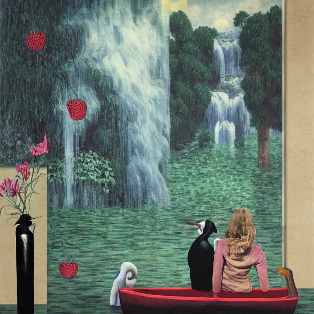 Image similar to painting of flood waters inside an apartment, emo catgirl art student, a river flooding inside, taps with running water, tangelos, zen, pigs, ikebana, water, river, rapids, waterfall, black swans, canoe, pomegranate, berries dripping, acrylic on canvas, surrealist, by magritte and monet