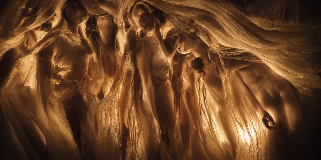 Prompt: love, groups of translucent people with long glowing hair, from below, rebirth, wide angle, cinematic atmosphere, elaborate, highly detailed, dramatic lighting