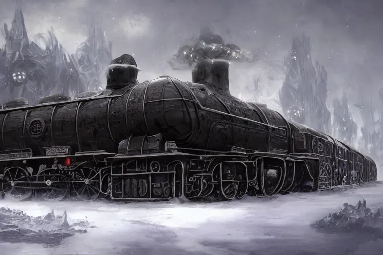 Image similar to a grand intricate futuristic black steam train, the train is themed after willy wonka and the chocolate factory, post - apocalyptic ice landscape in snowstorm, concept art, artstation, highly detailed, digital art