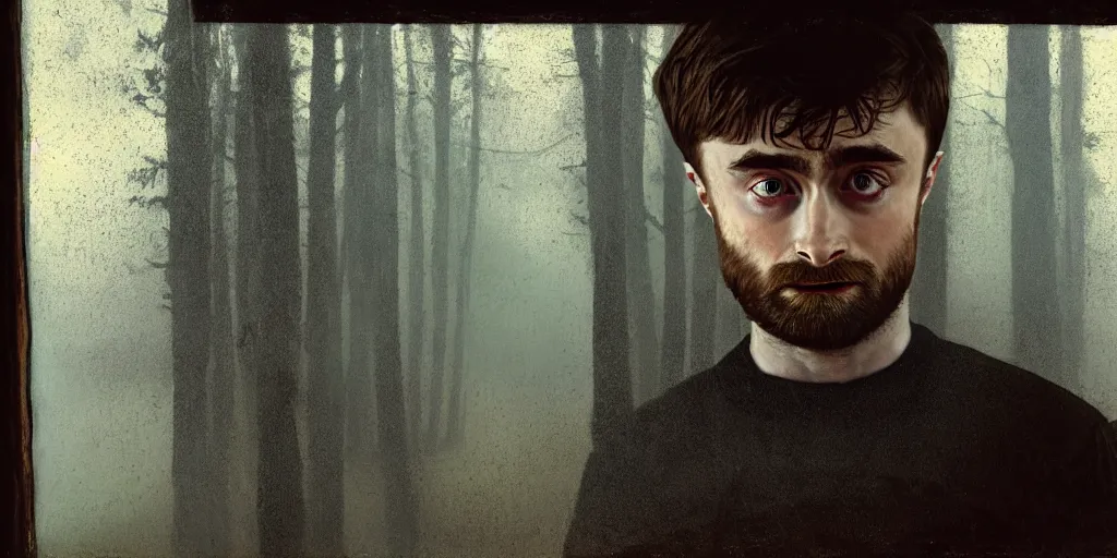 Image similar to portrait bust of daniel radcliffe, solemn expression, faded color film, russian cinema, tarkovsky, kodachrome, old cabin, next to window, heavy forest outside, long brown hair, old clothing, heavy fog, blue hour, hudson river school, 4 k, dramatic lighting, greg rutkowski