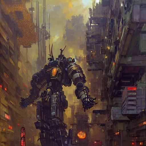 Image similar to six meters tall mech fighting in an urban environment, highly detailed painting by gaston bussiere craig mullins jc leyendecker gustav klimt artgerm greg rutkowski john berkey, bergey, craig mullins, ruan jia, raymond swanland, jeremy mann, tom lovell, alex malveda