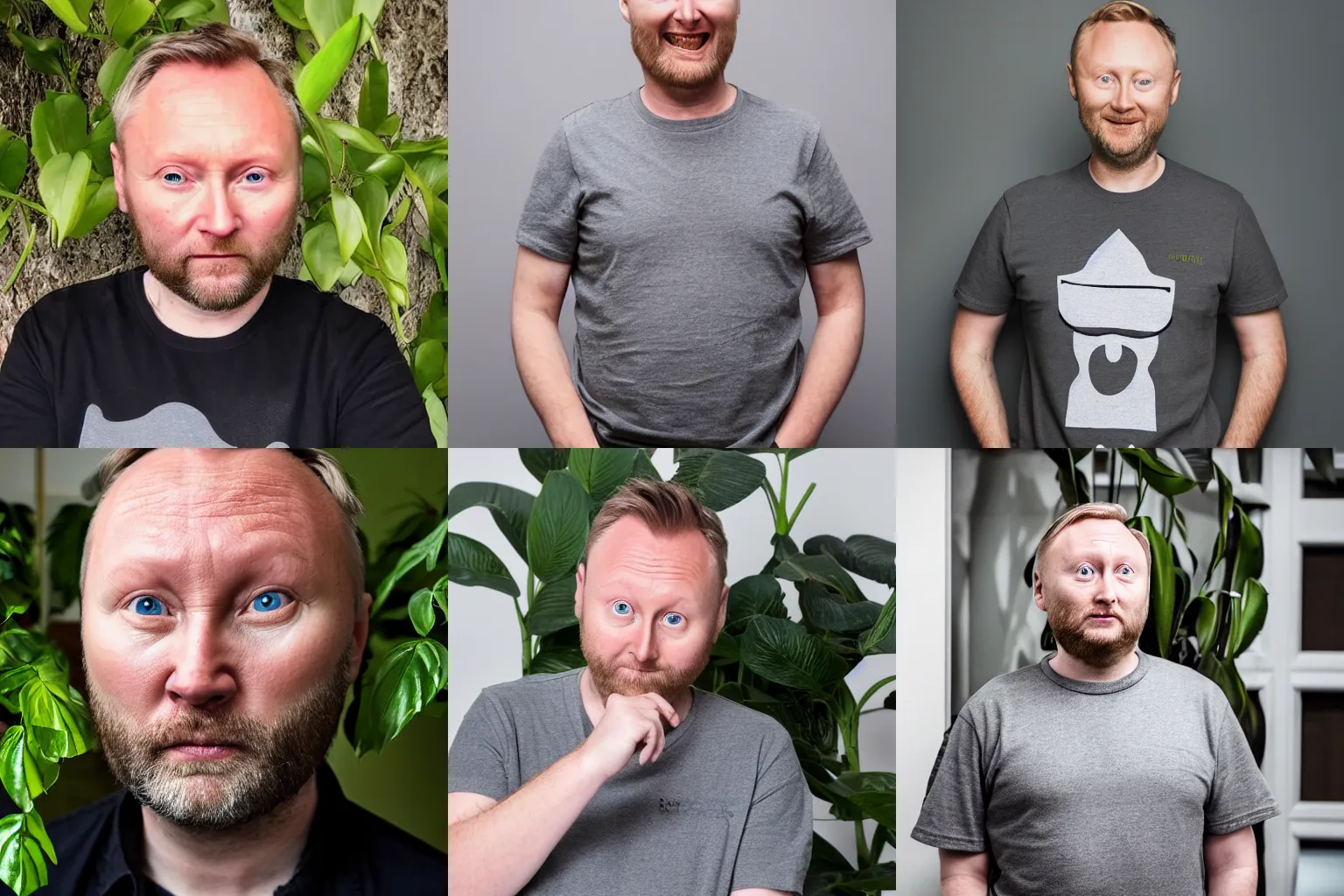Prompt: a white man with dark grey hair that looks exactly like limmy wearing a grey tshirt, twitch streamer in dark grey room with houseplant