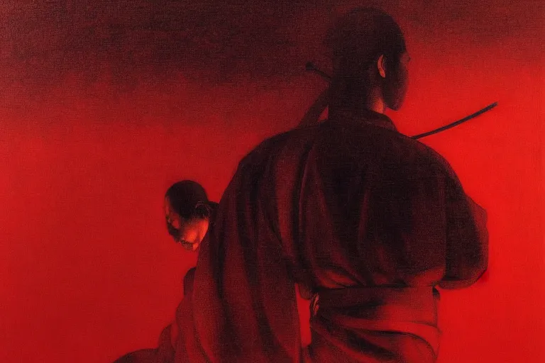 Image similar to only with red, a red samurai harakiri, tokio, a lot of frogs watch, in the style of beksinski, parts by edward hopper, parts by rodcenko, parts by yue minjun, intricate and epic composition, red by caravaggio, insanely quality, highly detailed, masterpiece, red light, artstation, 4 k