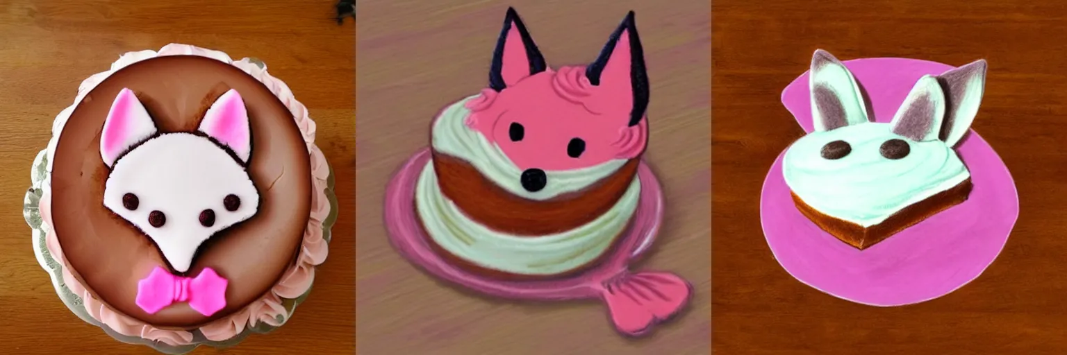 Prompt: A piece of cake with fox ears and pink icing on a wooden floor, fantastic drawing