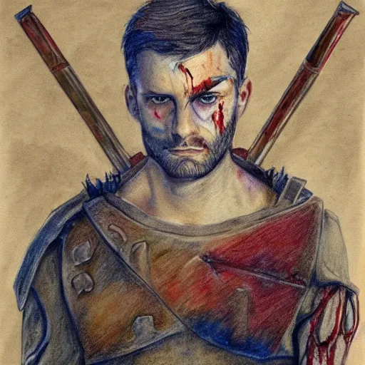 Image similar to self portrait, handsome man with battle scar on his chest holding his sword on his shoulder, pencil art, detailed, handsome, colored, bloody