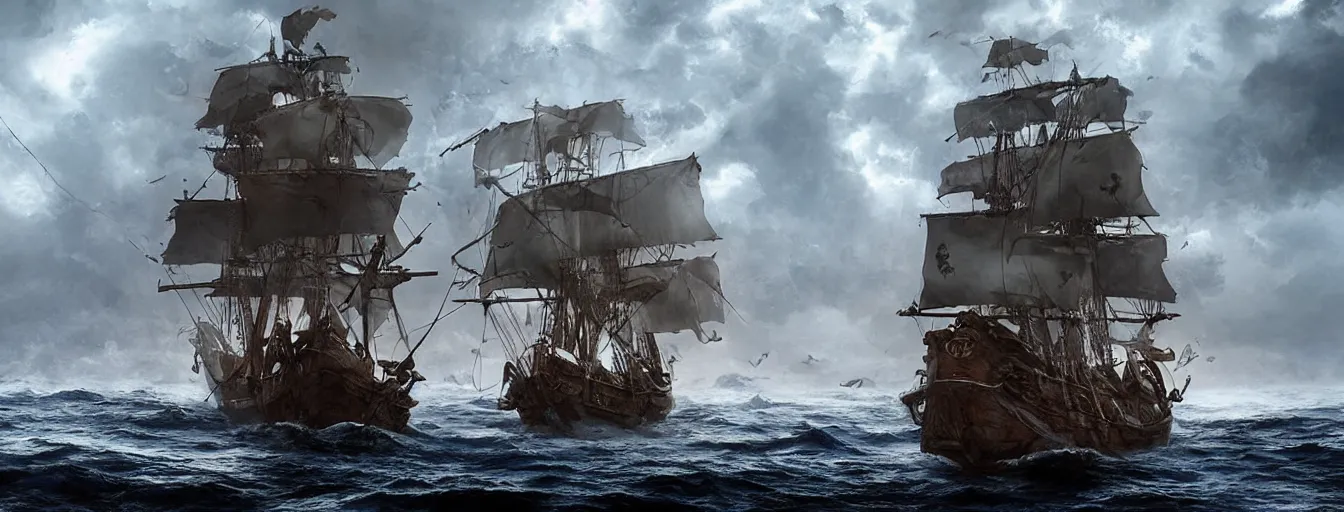 Image similar to pirate ship in the middle of the ocean with thunderstorms, cinematic, concept art