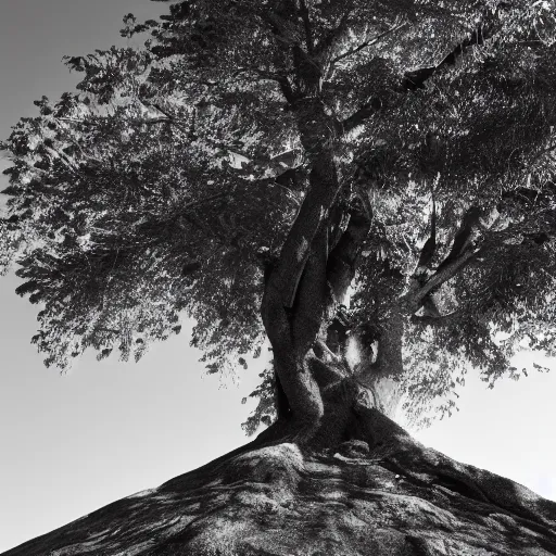 Prompt: a black and white photograph of a tree with blue leaves growing on it.