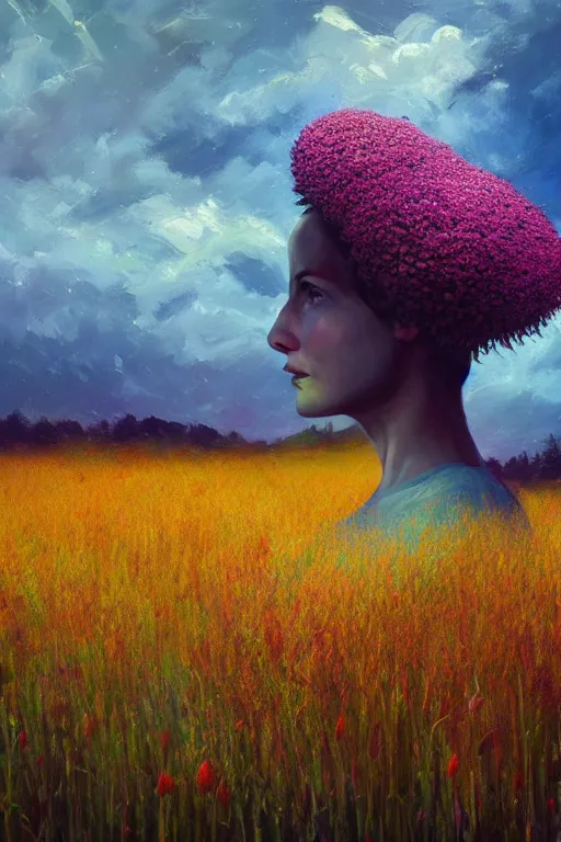 Image similar to closeup, giant flower head mohawk, woman in heather field, surreal photography, starlight, storm clouds, impressionist painting, digital painting, artstation, simon stalenhag