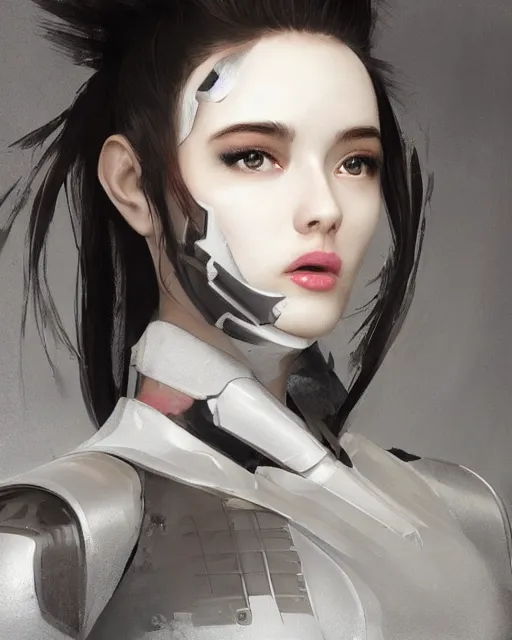 Prompt: fine art portrait head shot minimal geisha cyborg mech by ilm and bill sienkiewicz and emmanuel shiu, zaha hadid, simplified neo - futuristic tactical, posed feminine, studio, mamiya 6 5 mm, iso 4 0 0, f / 5. 6, hyperrealism, studio lighting, studio, high detail, sharp focus, trending artstation, cgsociety