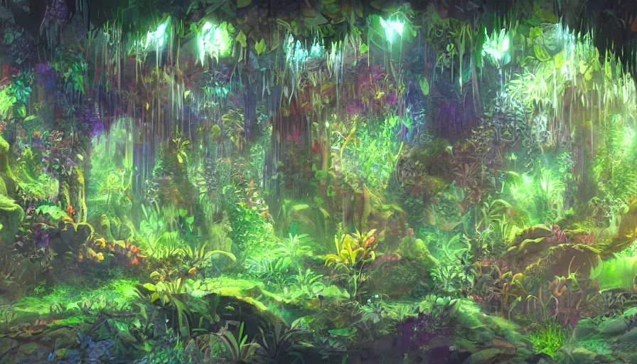 Prompt: concept art of underground jungle cave with luminescent plants, colorful, high detailed