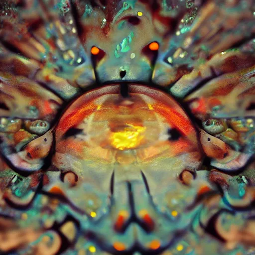 Image similar to fiery whimsical emotional eyes cephalopod, in a photorealistic macro photograph with shallow dof and bokeh, artstation