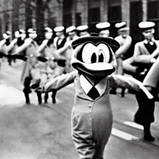 Image similar to historic colorized photograph of donald duck at a nazi parade in 1 9 3 6