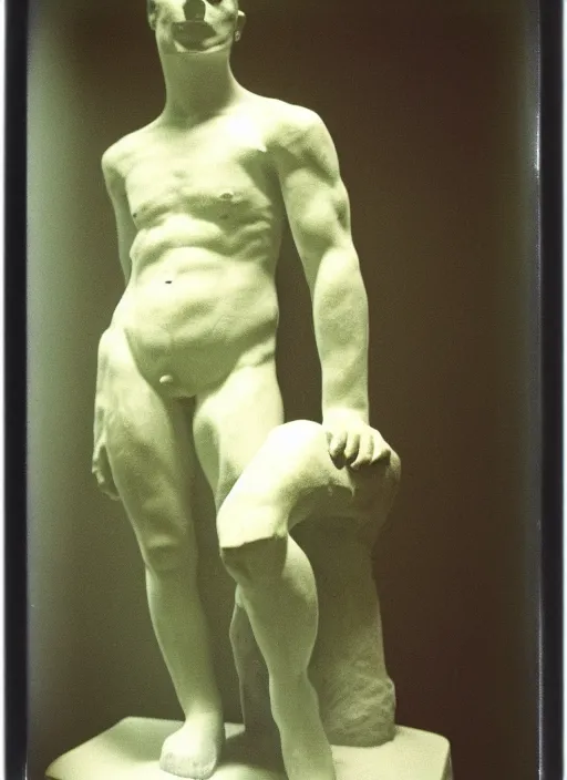 Image similar to an android with an adult male human looking face is the thinker by auguste rodin, polaroid, flash photography, photo taken in a back storage room where you can see empty shelves in the background,