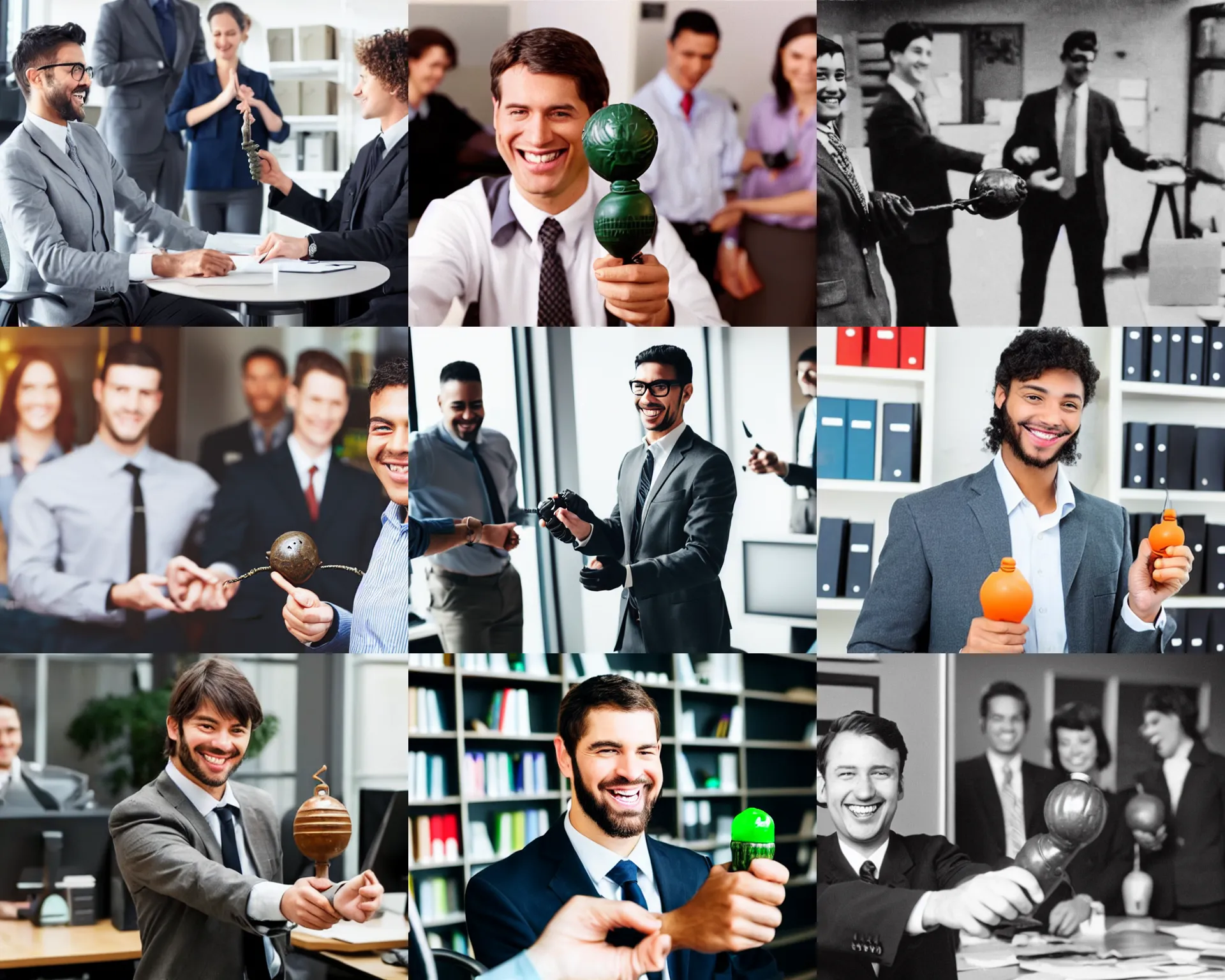 Prompt: photograph of an office worker smiling and holding a hand grenade at work, his coworkers are staring at him in fear