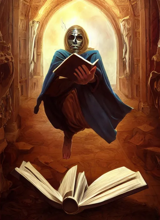 Prompt: Magic Floating Thespian Mask reading a book, no body, bodyless, Ivan Aivakovsky, Boris Vallejo, epic fantasy character art, D&D Concept Art, full length, Realistic, Regal, Refined, Detailed Digital Art, Oil Paining, Exquisite detail, post-processing, masterpiece, Cinematic Lighting, Unreal Engine, 8k, HD, Stanley Artgerm Lau, WLOP, Rossdraws, Frank Frazetta, Andrei Riabovitchev, Marc Simonetti, trending on artstation