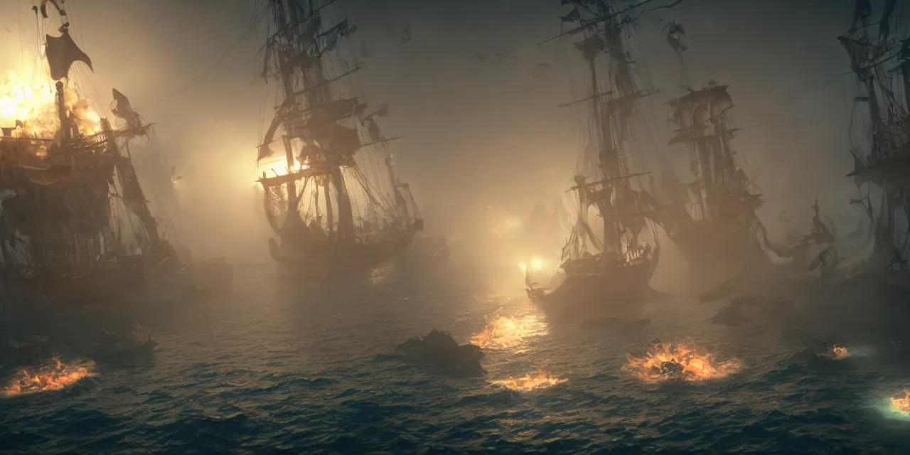 Image similar to pirates vs the kraken tentacles coming out of the water, cinematic, foggy, volumetric lighting, fire, unreal engine, trending on artstation