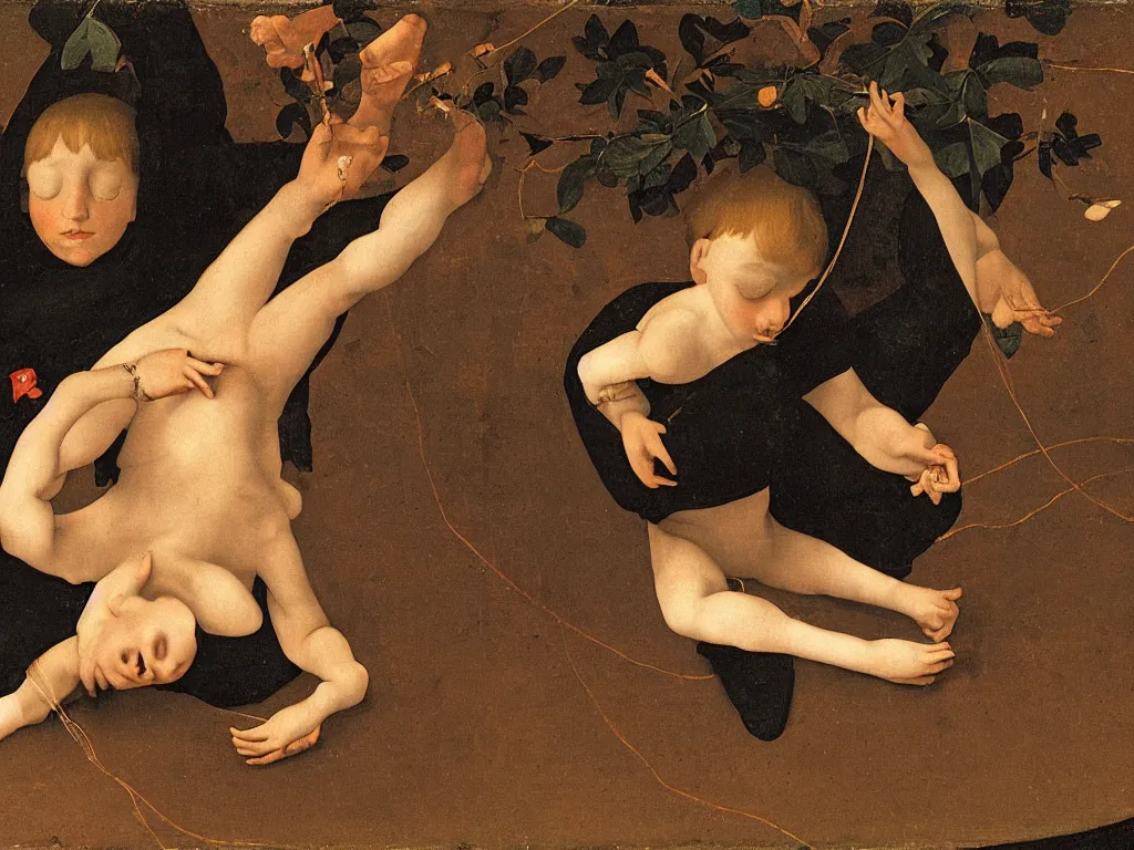 Image similar to A boy meditating in a lotus position, upside down on a thread, like a spider. Painting by Lorenzo Lotto