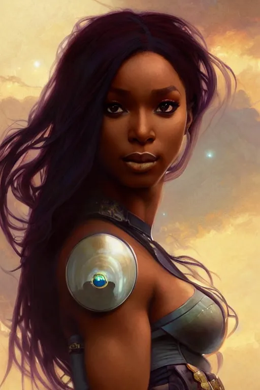 Image similar to normani as aeon flux starfire profile picture by Greg Rutkowski, matte painting, intricate, fantasy concept art, elegant, by Stanley Artgerm Lau, WLOP, golden ratio, thomas kindkade, alphonse mucha, loish, norman Rockwell,