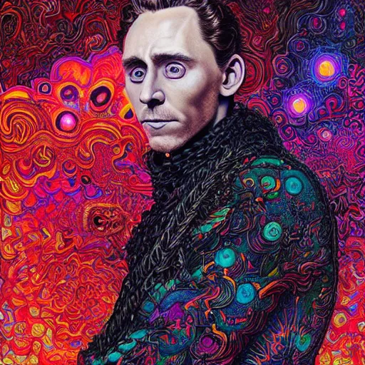 Image similar to portrait of tom hiddleston, hyper detailed masterpiece, neon floral pattern, jean giraud, digital art painting, darkwave goth aesthetic, psychedelic, artgerm, donato giancola and tom bagshaw