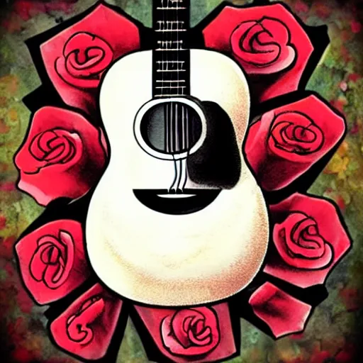 Image similar to skull and guitar and roses,