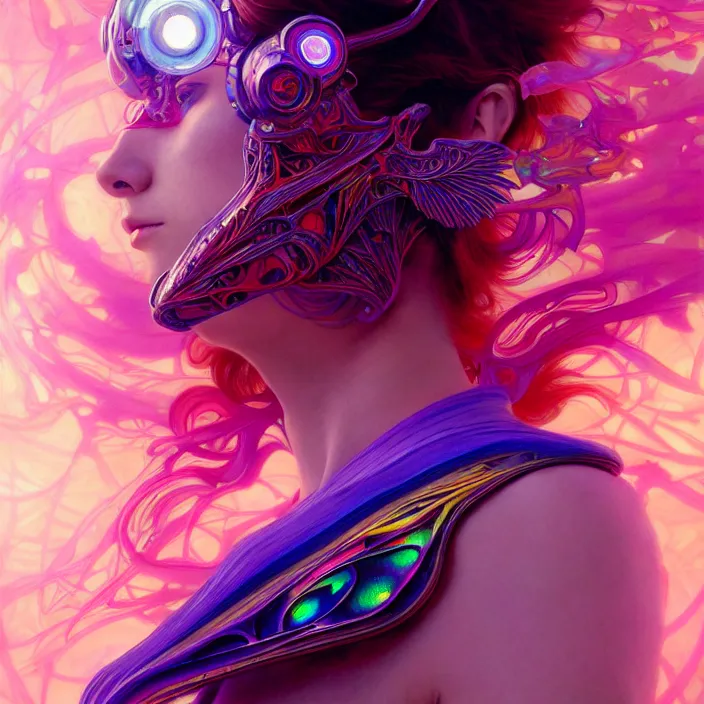 Prompt: bright psychedelic portrait of organic cyborg, wings, volumetric smoke, diffuse lighting, fantasy, intricate, elegant, highly detailed, lifelike, photorealistic, digital painting, artstation, illustration, concept art, smooth, sharp focus, art by John Collier and Albert Aublet and Krenz Cushart and Artem Demura and Alphonse Mucha