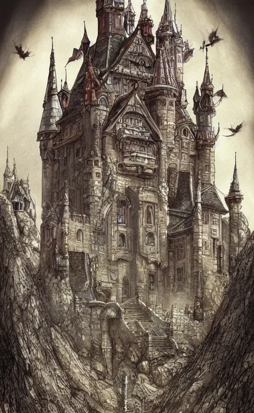 Prompt: Castle, gothic , by Ayami Kojima, studio ghibli, cinematic lighting, intricate, highly detailed, digital painting, trending on artstation, Illustration, epic scale