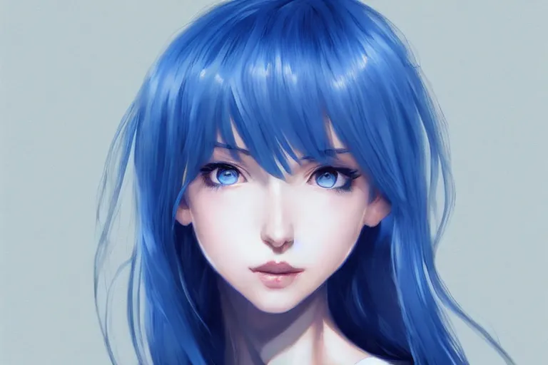 Image similar to Beautiful girl, blue hair, symmetrically, smiling, pixiv, artist WLOP artstation, artist Mam BA artstation, real photo, very detailed, realistic proportions, knowledge of anatomy, anatomy for beginners, true proportions of the face