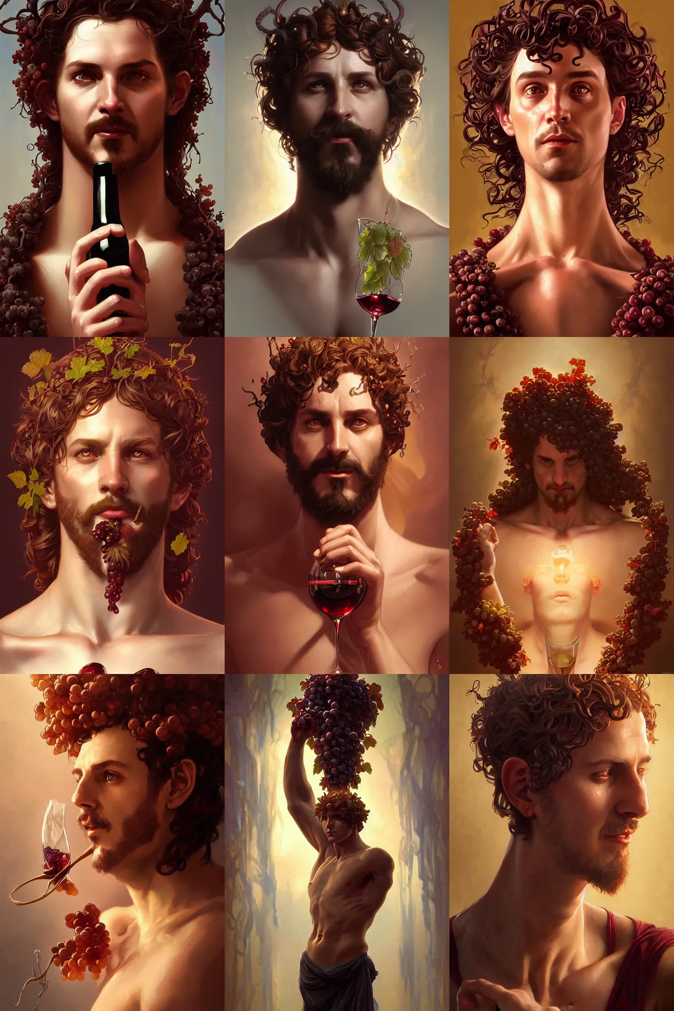 Prompt: dionysus god of wine, realistic portrait, symmetrical, highly detailed, digital painting, artstation, concept art, smooth, sharp focus, illustration, cinematic lighting, art by artgerm and greg rutkowski and alphonse mucha