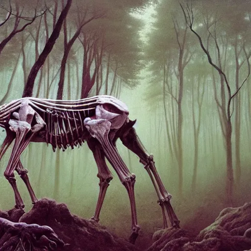 Image similar to a skeletal centaur in a magical forest, Zdzisław Beksiński style. Very detailed 8k