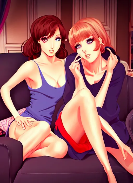 Prompt: two beautiful housewives in the living room on a hot summer evening, gorgeous faces, thick lines, cinematic lighting, detailed anime art