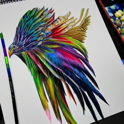 Prompt: picture of long spear made of multicoloured feathered wings, prismatic, full detailed drawing, hyperrealism, full weapon drawing, magic the gathering, white background