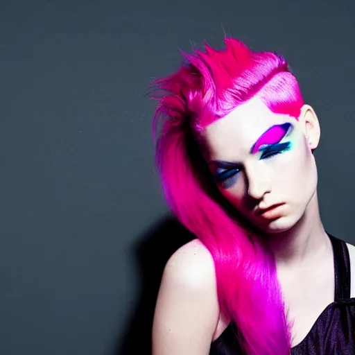 Image similar to a woman with pink hair and purple eyebrows, editorial fashion photography