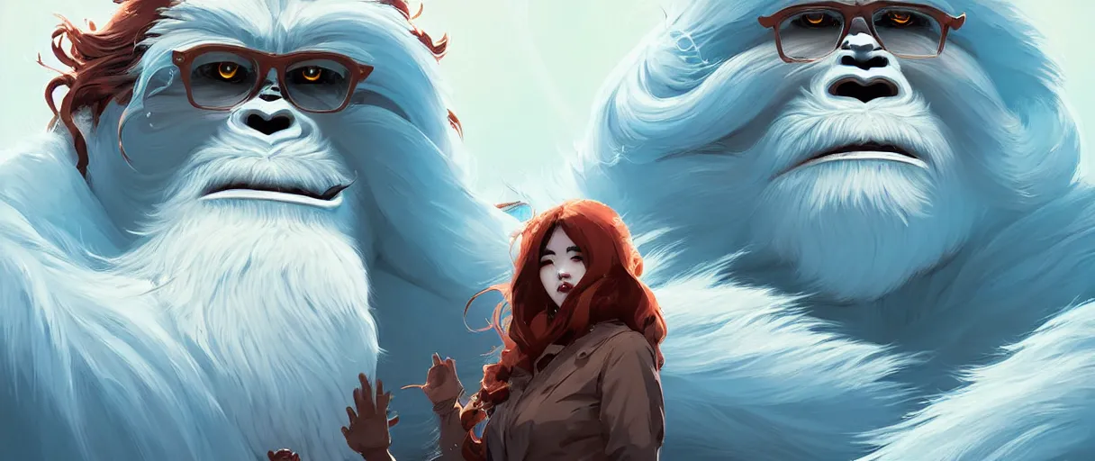 Image similar to beautiful artistic - wave highly detailed portrait yeti and bigfoot, with kitsune mask, long red hair, by atey ghailan, by greg rutkowski, by greg tocchini, by james gilleard, by joe fenton, by kaethe butcher, dynamic lighting, gradient light blue, brown, blonde cream and white color scheme, grunge aesthetic