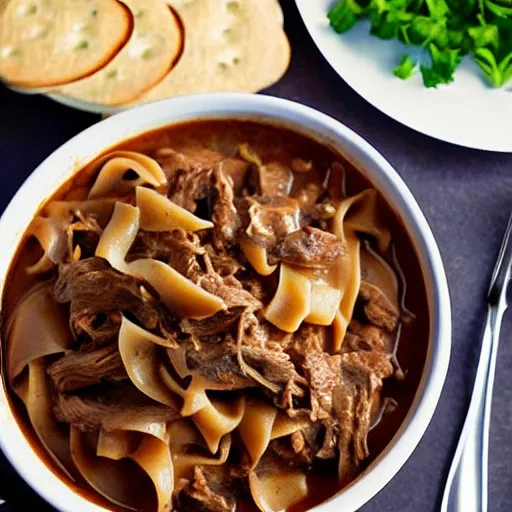 Prompt: photo realistic, of shredded beef stroganoff stew, no vegetables.