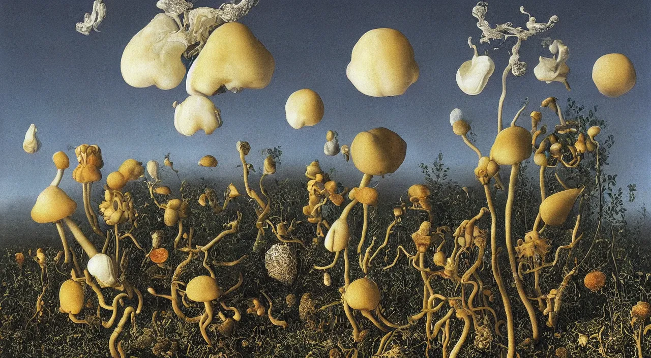 Image similar to a single fungus white! clear empty sky, a high contrast!! ultradetailed photorealistic painting by jan van eyck, audubon, rene magritte, agnes pelton, max ernst, walton ford, andreas achenbach, ernst haeckel, hard lighting, masterpiece